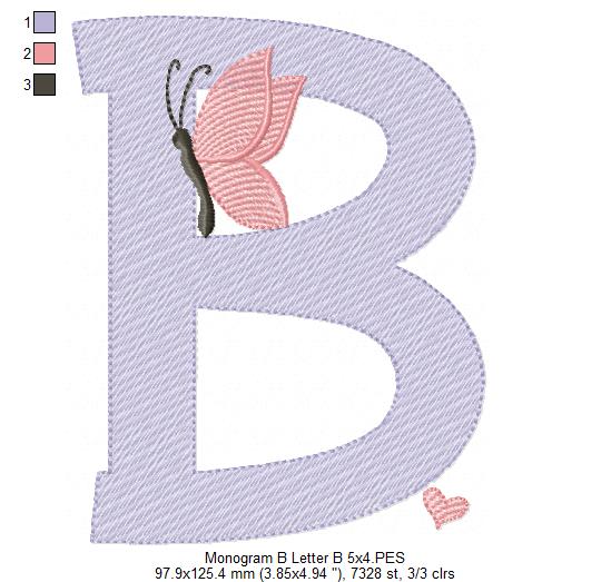 Monogram B Letter B Butterfly - Rippled Stitch