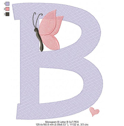Monogram B Letter B Butterfly - Rippled Stitch