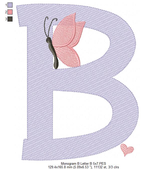 Monogram B Letter B Butterfly - Rippled Stitch