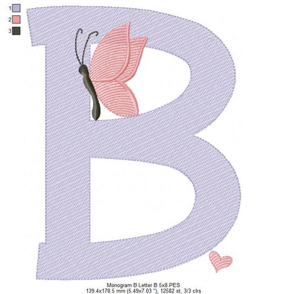 Monogram B Letter B Butterfly - Rippled Stitch