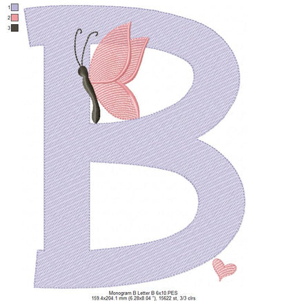 Monogram B Letter B Butterfly - Rippled Stitch