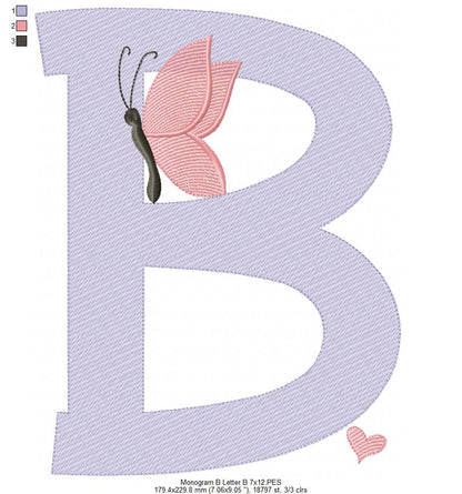 Monogram B Letter B Butterfly - Rippled Stitch