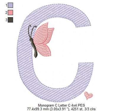 Monogram C Letter C Butterfly - Rippled Stitch