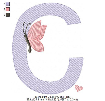 Monogram C Letter C Butterfly - Rippled Stitch