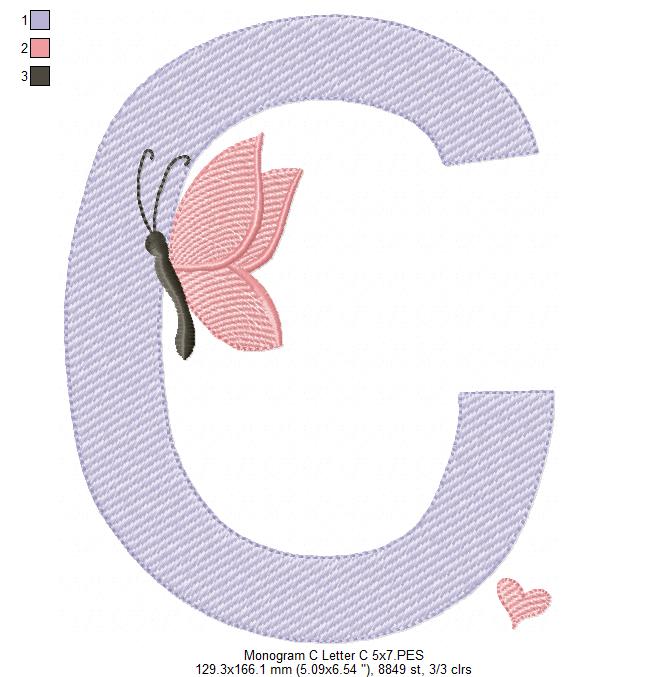 Monogram C Letter C Butterfly - Rippled Stitch