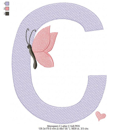 Monogram C Letter C Butterfly - Rippled Stitch
