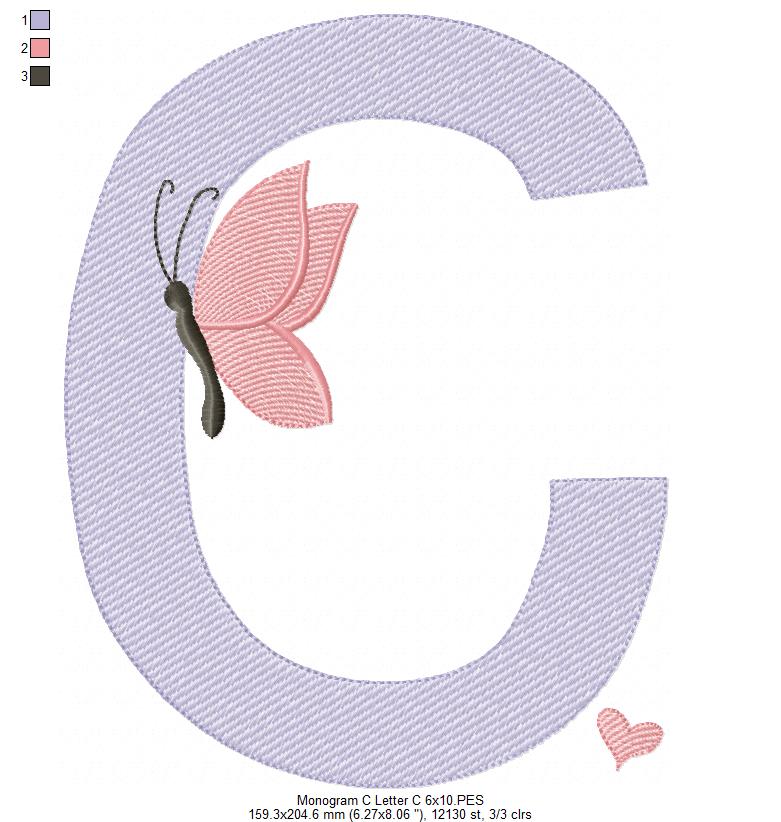 Monogram C Letter C Butterfly - Rippled Stitch