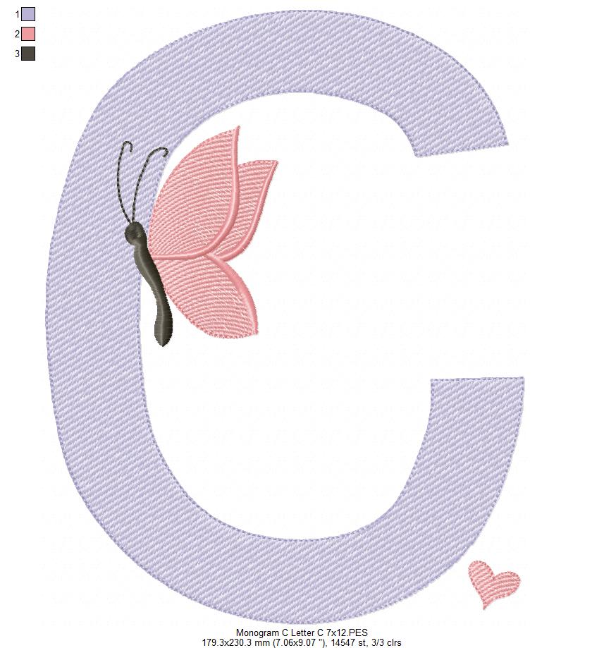 Monogram C Letter C Butterfly - Rippled Stitch