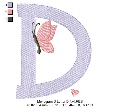 Monogram D Letter D Butterfly - Rippled Stitch
