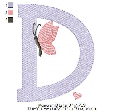 Monogram D Letter D Butterfly - Rippled Stitch