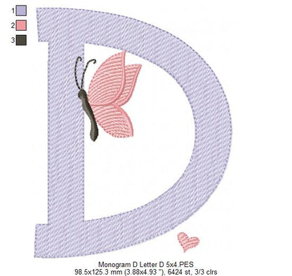 Monogram D Letter D Butterfly - Rippled Stitch