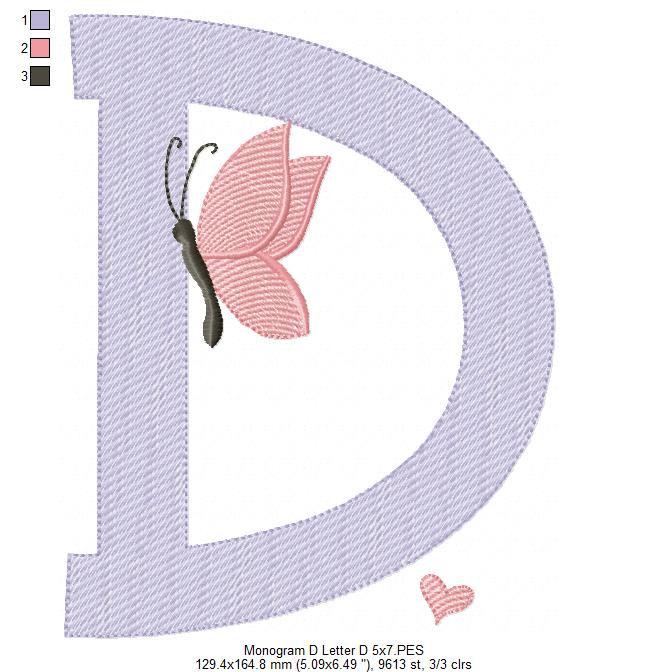 Monogram D Letter D Butterfly - Rippled Stitch