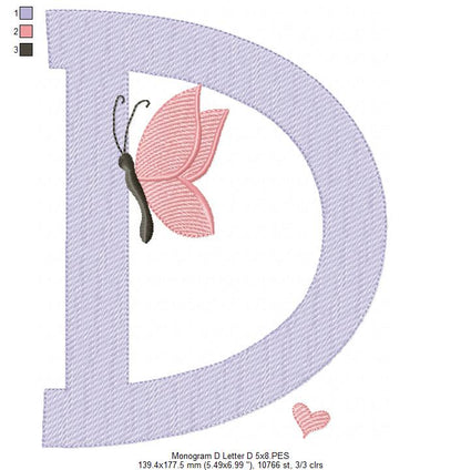 Monogram D Letter D Butterfly - Rippled Stitch