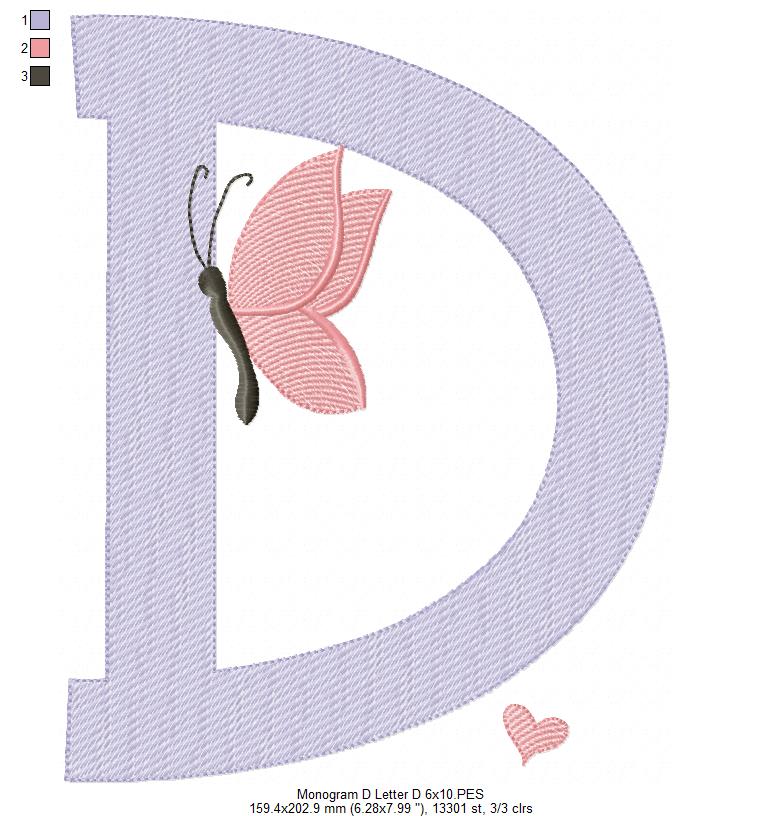 Monogram D Letter D Butterfly - Rippled Stitch