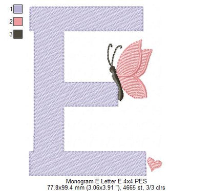Monogram E Letter E Butterfly - Rippled Stitch