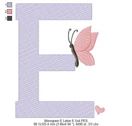 Monogram E Letter E Butterfly - Rippled Stitch