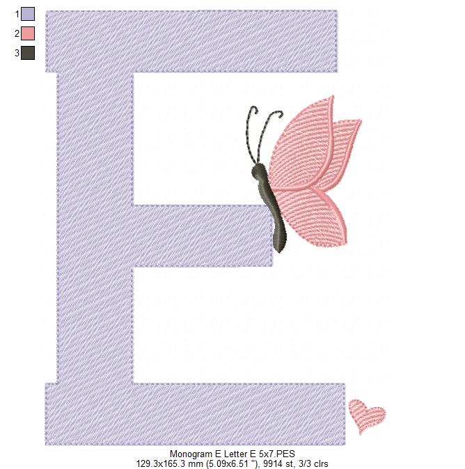 Monogram E Letter E Butterfly - Rippled Stitch