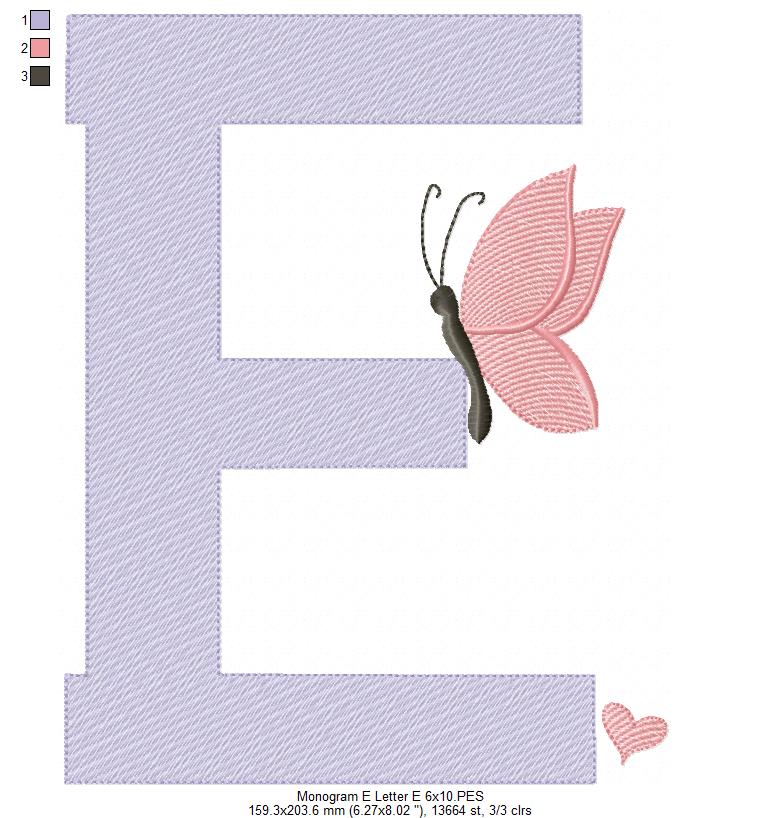 Monogram E Letter E Butterfly - Rippled Stitch