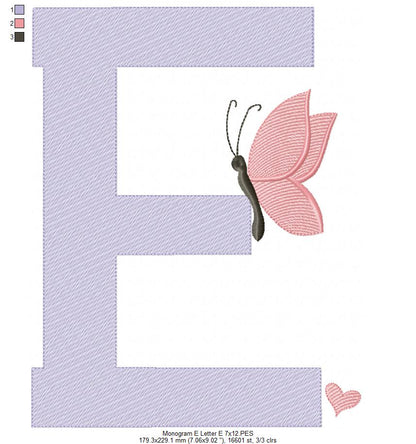 Monogram E Letter E Butterfly - Rippled Stitch