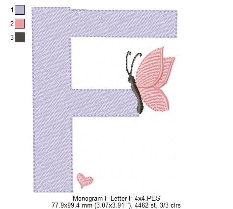 Monogram F Letter F Butterfly - Rippled Stitch