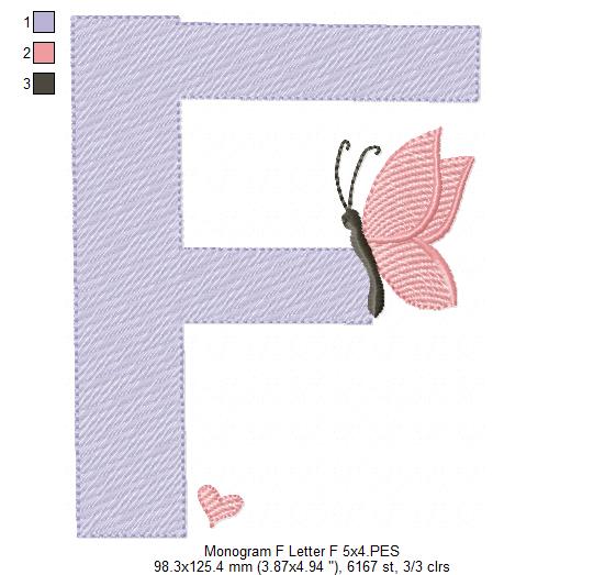 Monogram F Letter F Butterfly - Rippled Stitch