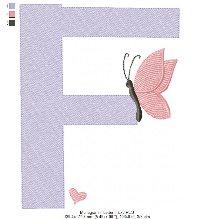 Monogram F Letter F Butterfly - Rippled Stitch