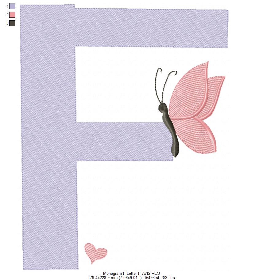 Monogram F Letter F Butterfly - Rippled Stitch