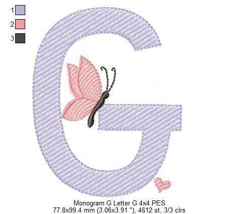 Monogram G Letter G Butterfly - Rippled Stitch
