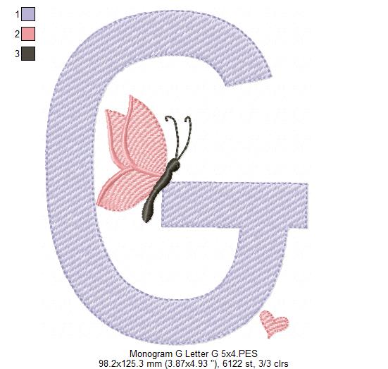Monogram G Letter G Butterfly - Rippled Stitch