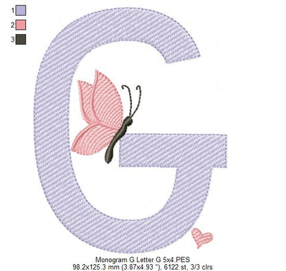 Monogram G Letter G Butterfly - Rippled Stitch