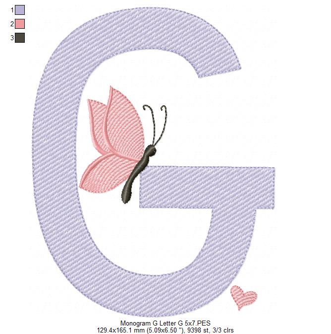 Monogram G Letter G Butterfly - Rippled Stitch