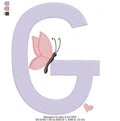 Monogram G Letter G Butterfly - Rippled Stitch