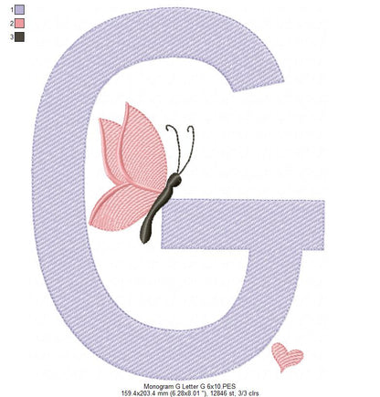 Monogram G Letter G Butterfly - Rippled Stitch