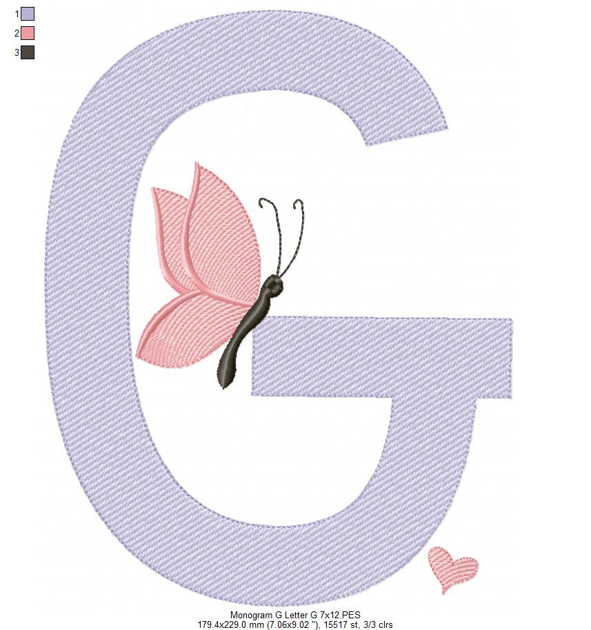 Monogram G Letter G Butterfly - Rippled Stitch