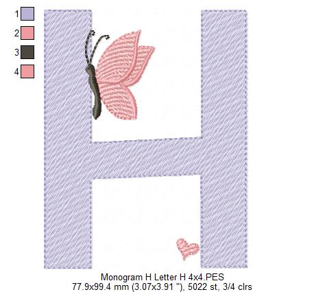 Monogram H Letter H Butterfly - Rippled Stitch