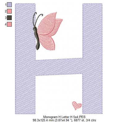 Monogram H Letter H Butterfly - Rippled Stitch