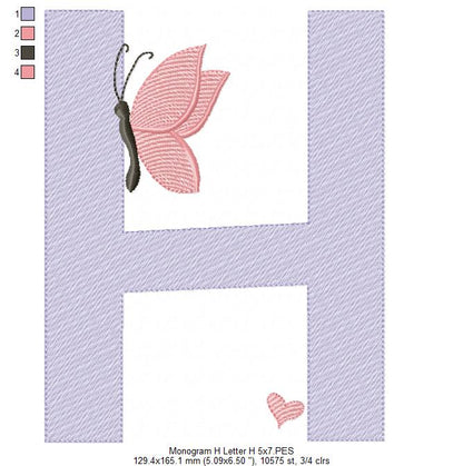 Monogram H Letter H Butterfly - Rippled Stitch