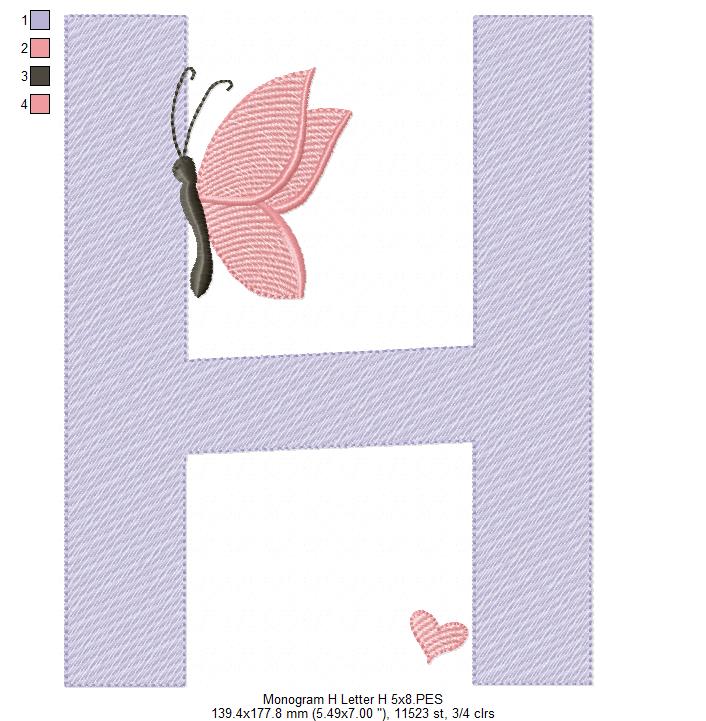 Monogram H Letter H Butterfly - Rippled Stitch