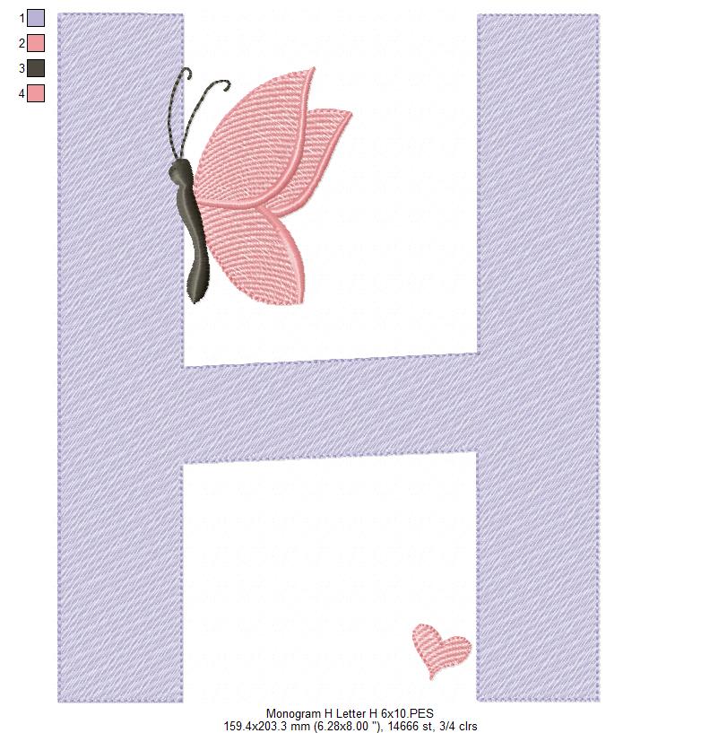 Monogram H Letter H Butterfly - Rippled Stitch