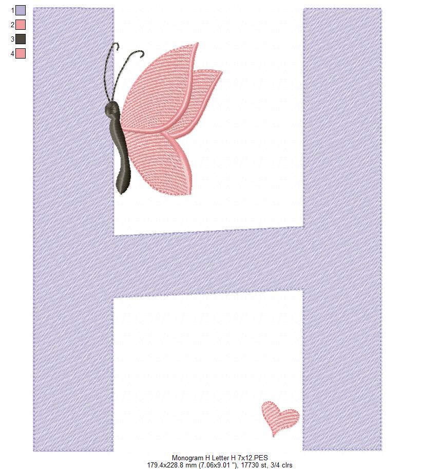 Monogram H Letter H Butterfly - Rippled Stitch