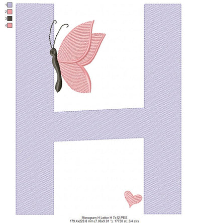 Monogram H Letter H Butterfly - Rippled Stitch