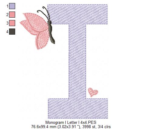 Monogram I Letter I Butterfly - Rippled Stitch
