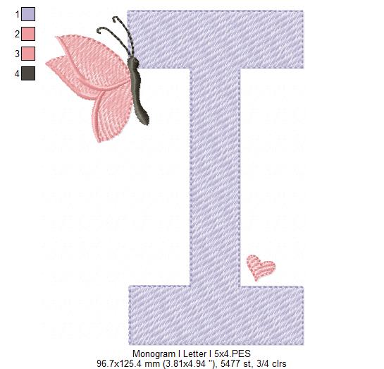 Monogram I Letter I Butterfly - Rippled Stitch