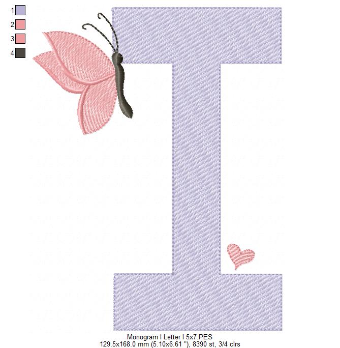 Monogram I Letter I Butterfly - Rippled Stitch
