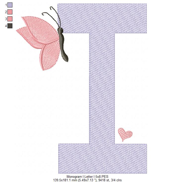 Monogram I Letter I Butterfly - Rippled Stitch