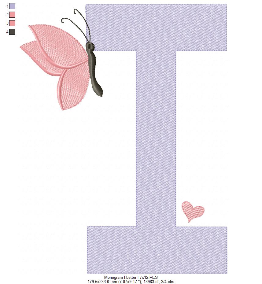 Monogram I Letter I Butterfly - Rippled Stitch