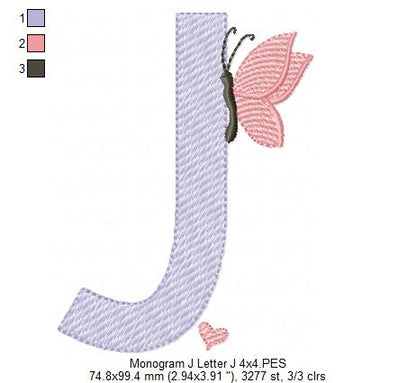 Monogram J Letter J Butterfly - Rippled Stitch