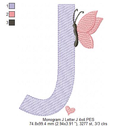 Monogram J Letter J Butterfly - Rippled Stitch