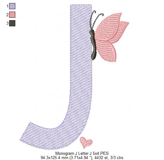 Monogram J Letter J Butterfly - Rippled Stitch
