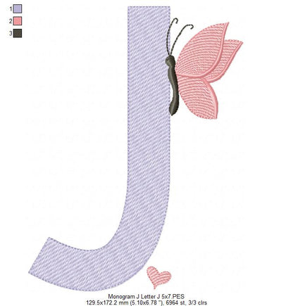 Monogram J Letter J Butterfly - Rippled Stitch